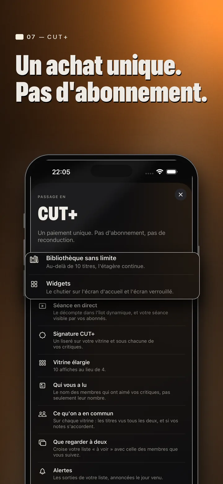 CUT+ — Un achat unique. Pas d'abonnement.