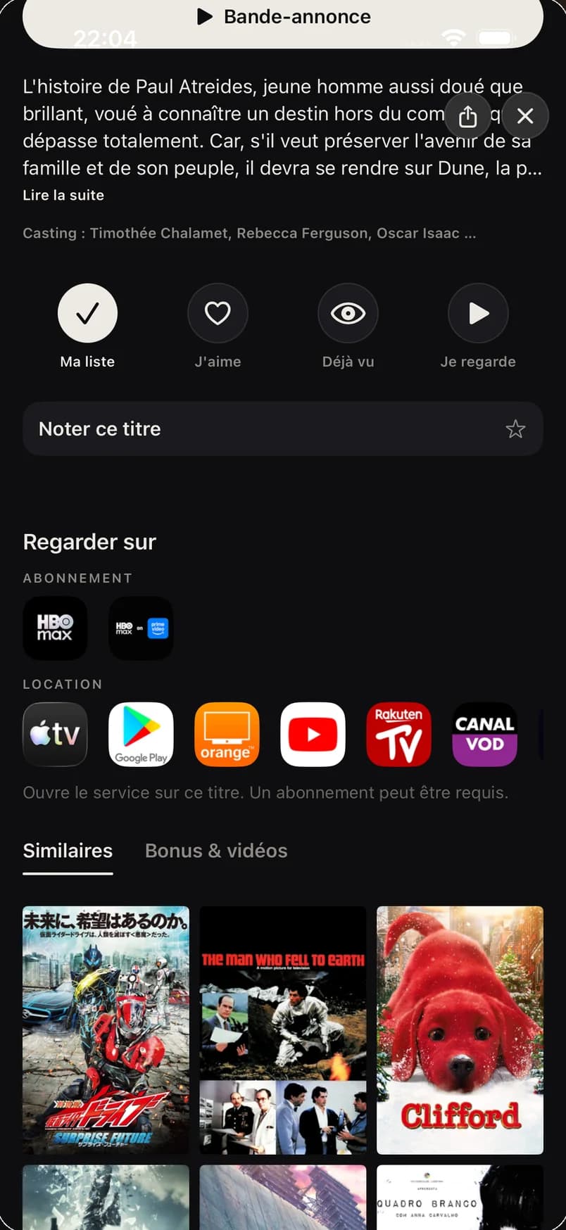 Fiche d'un film dans CUT : le synopsis, les boutons Ma liste, J'aime, Déjà vu et Je regarde, puis les services où le regarder